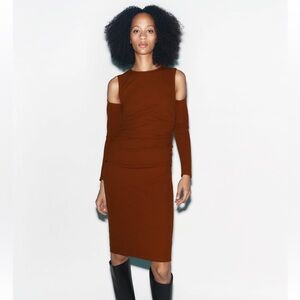 Zara Caramel Brown Cut Out Ruched Dress - Size Small (NWT) and Never been worn!